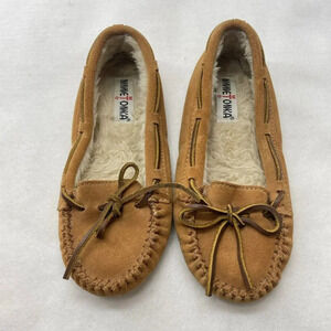 Minnetonka Moccasin Shoes Women's Sz 7 Brown Cally Soft Suede Plush Pile Slip On